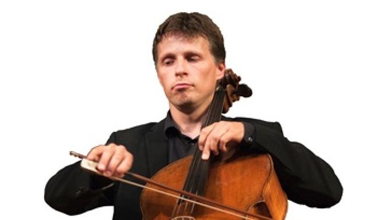 Mannlig fiolinist med brunt hår og dress