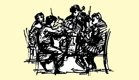 Illustrasjon av musikanter i ring