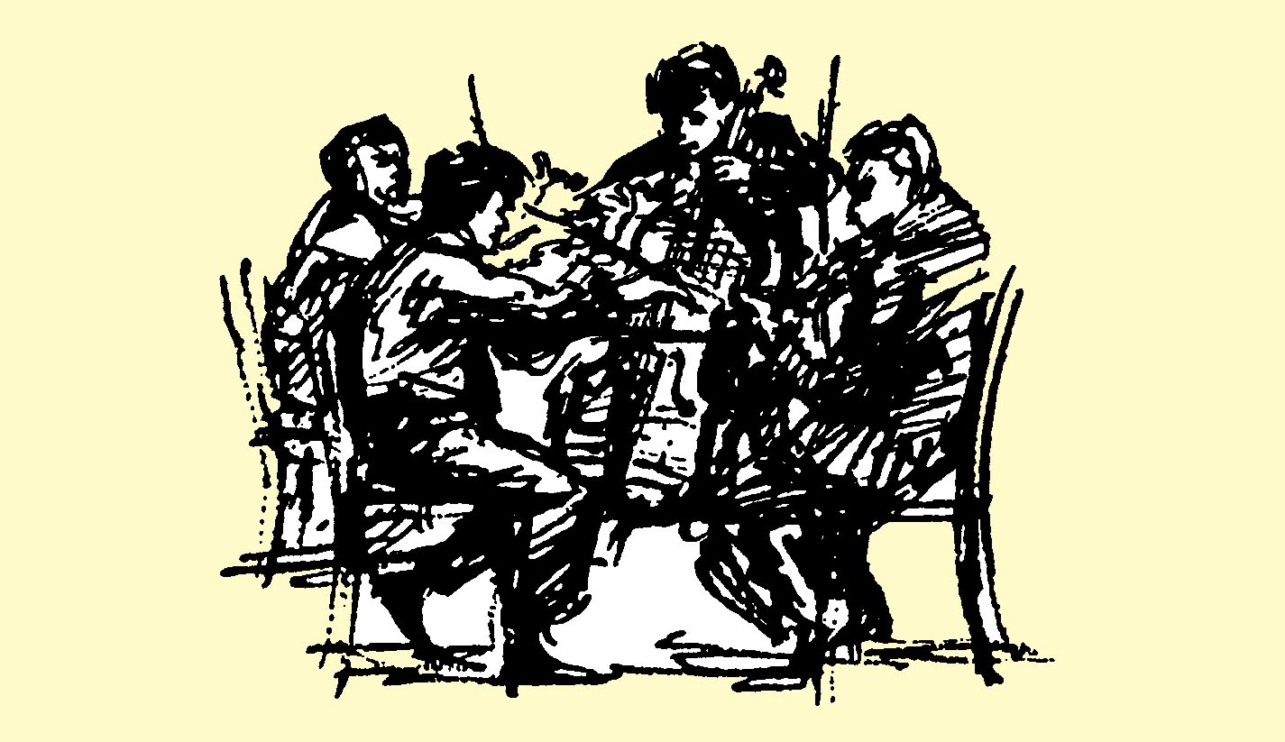 Illustrasjon av musikanter i ring